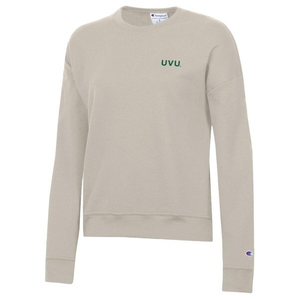 Women's Fit TanChampion crew, Small embroidered green UVU on the left Chest